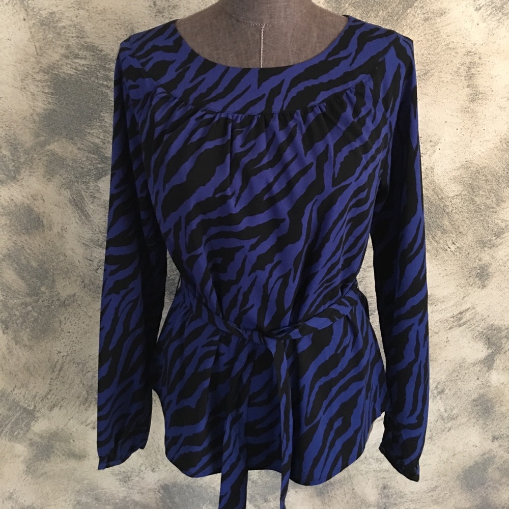 NWOT NINETY Cobalt Blue l & Black Long-sleeve Print Blouse Small